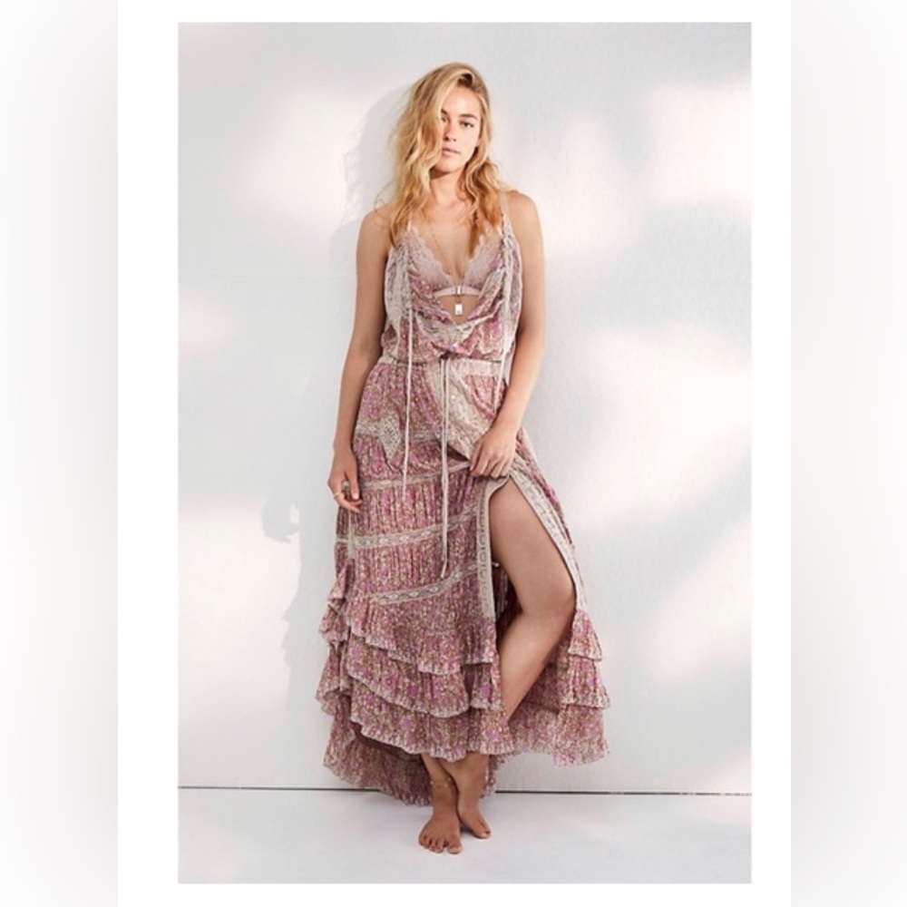 Free People Printed Dolly Bodysuit Maxi Dress Lace Crochet Ethereal Vintage XS
